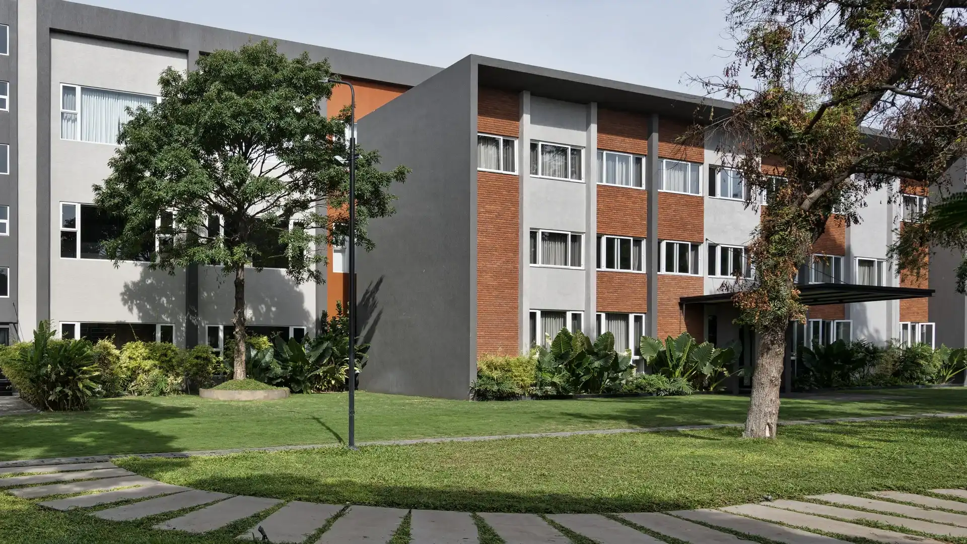 Modern office building design with terracotta facade in Tamil Nadu